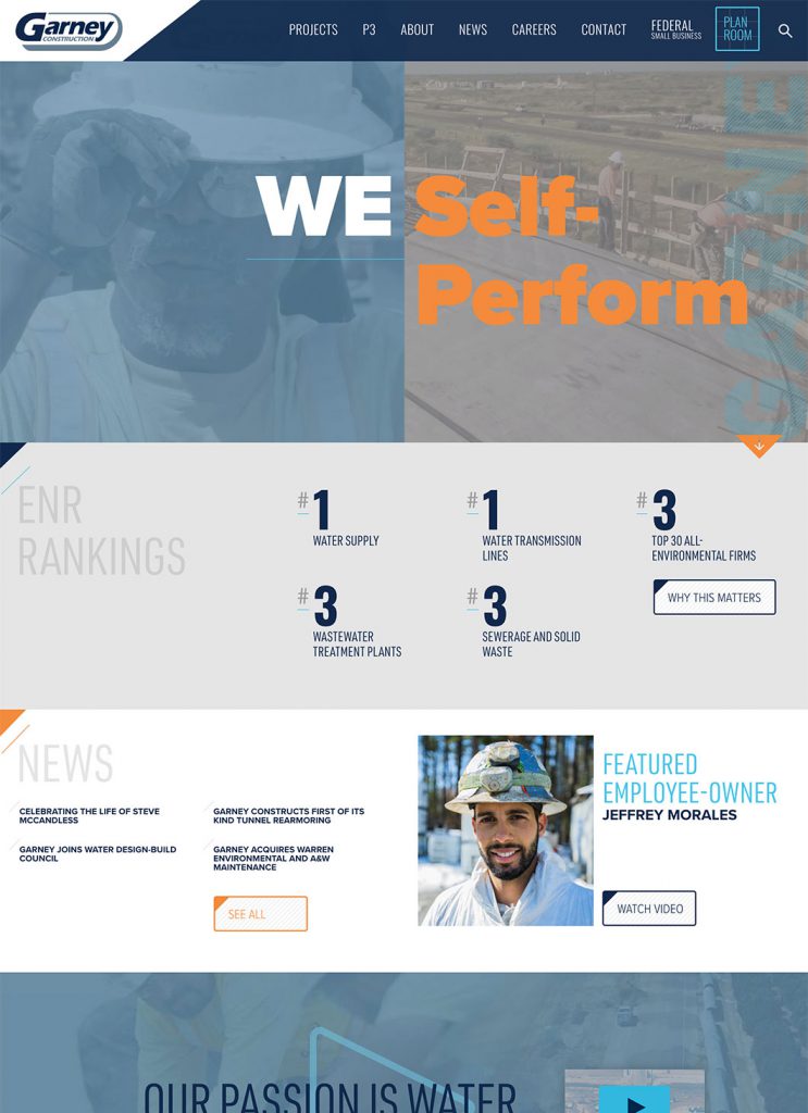 Screenshot of Garney Construction's custom WordPress homepage