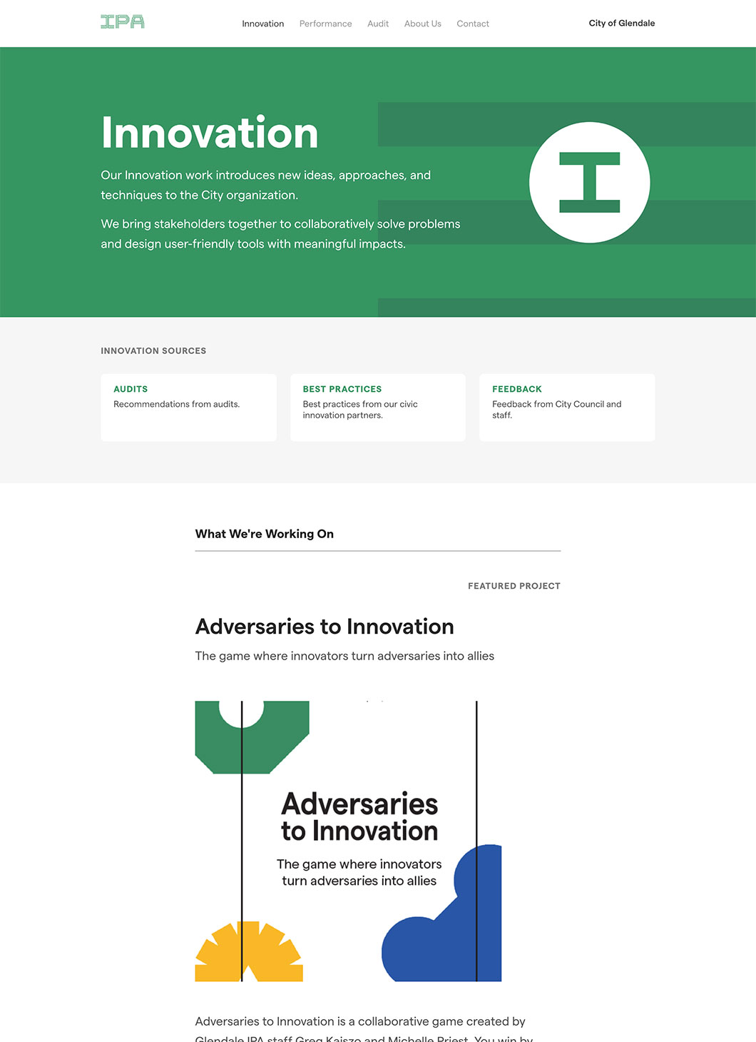 Screenshot of Glendale IPA Innovation custom WordPress template