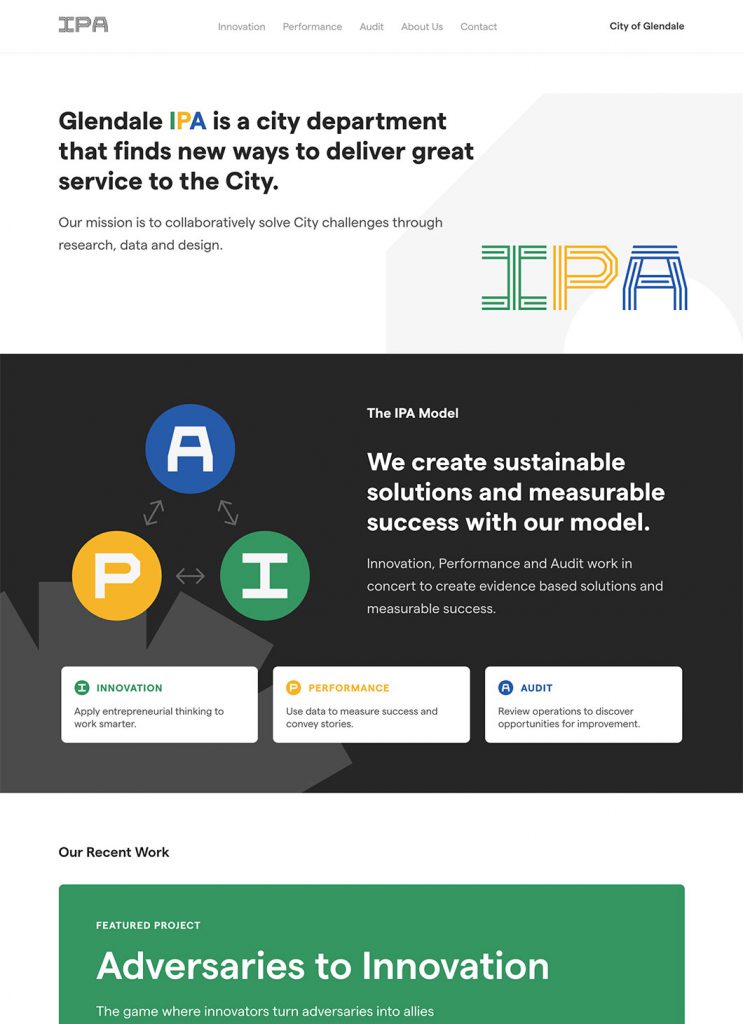 Screenshot of Glendale IPA custom WordPress homepage