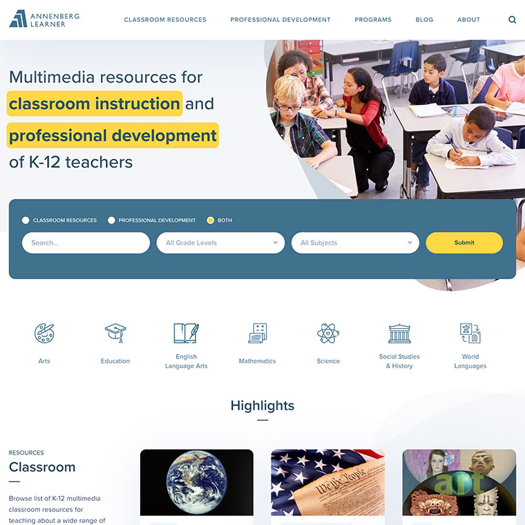 Screenshot of Annenberg Learner's custom WordPress homepage