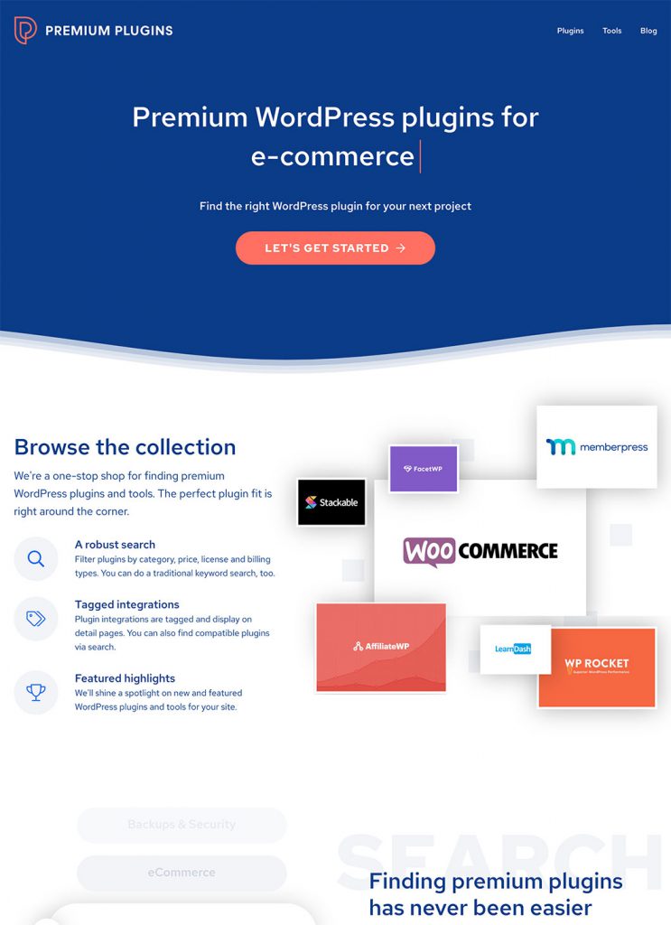 Screenshot of Premium Plugins custom WordPress project's homepage