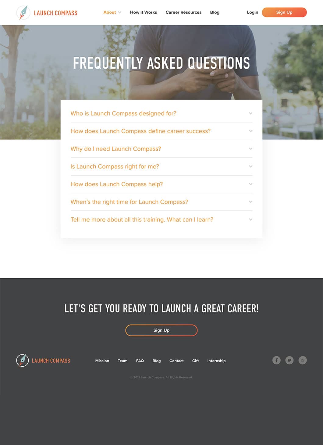 Screenshot of Launch Compass FAQ custom WordPress template