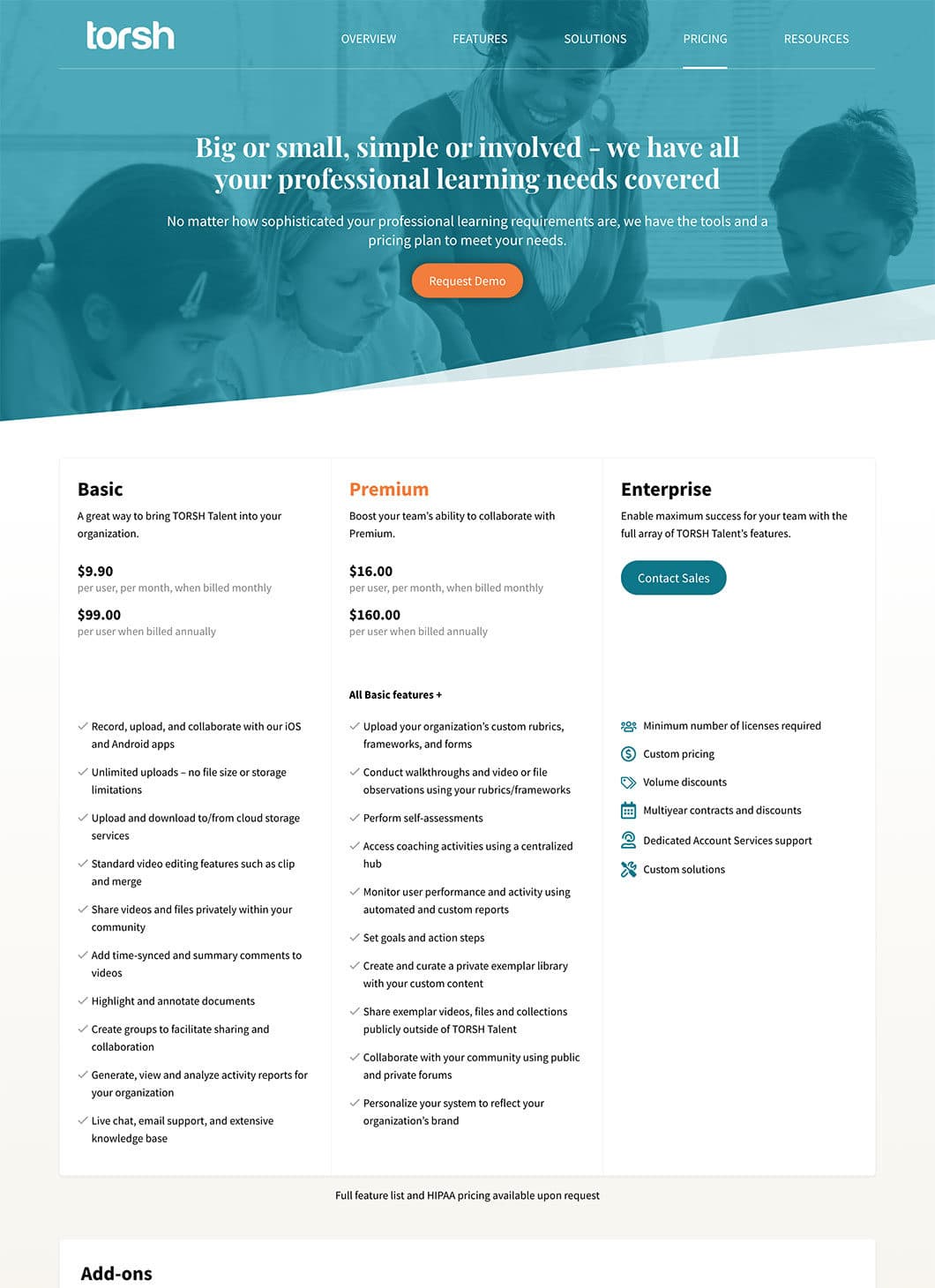 Screenshot of TORSH custom WordPress pricing template